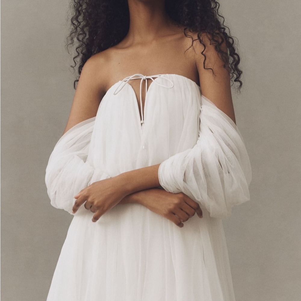 Anthropologie Strapless White Dress Geisha Designs Tulle Off-Shoulder Mini Dress